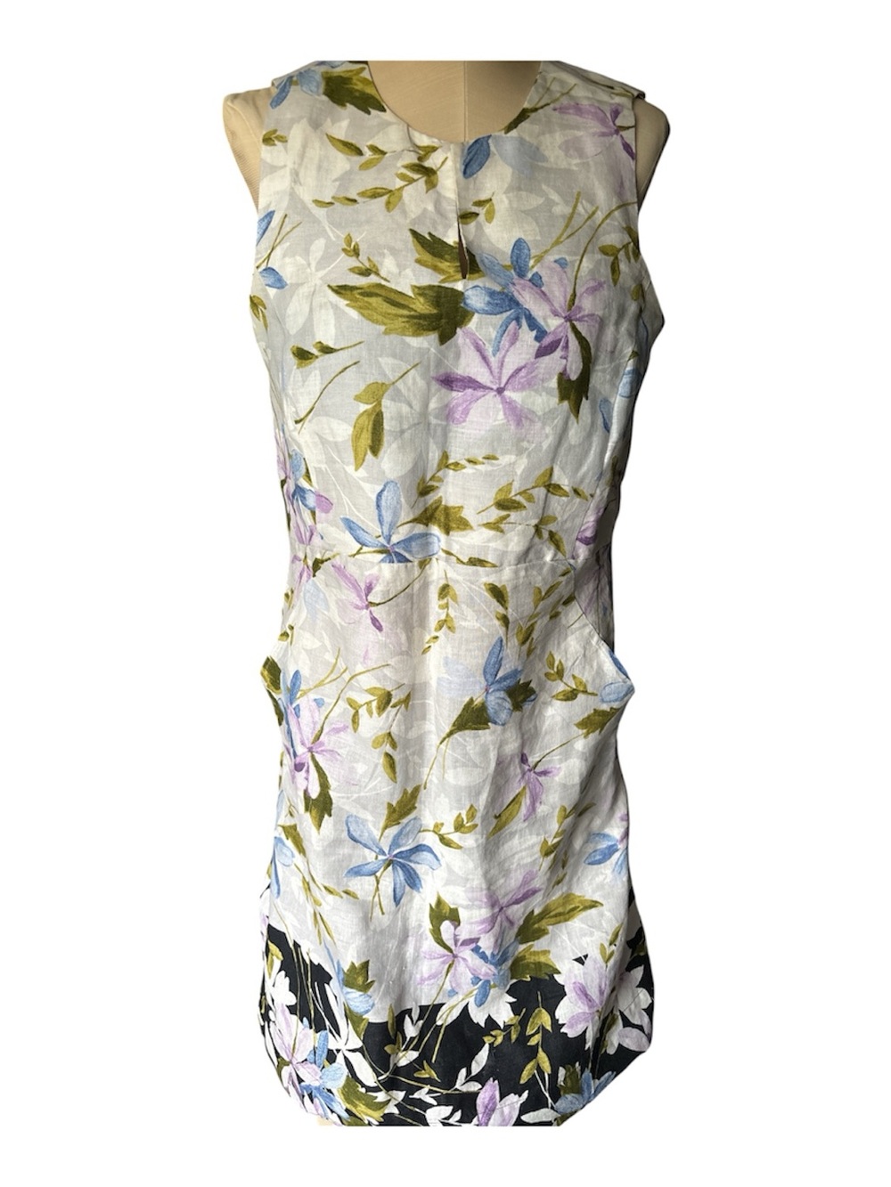 J. Jill White Floral Midi Dress with Blue, Lavender & Olive Leaves